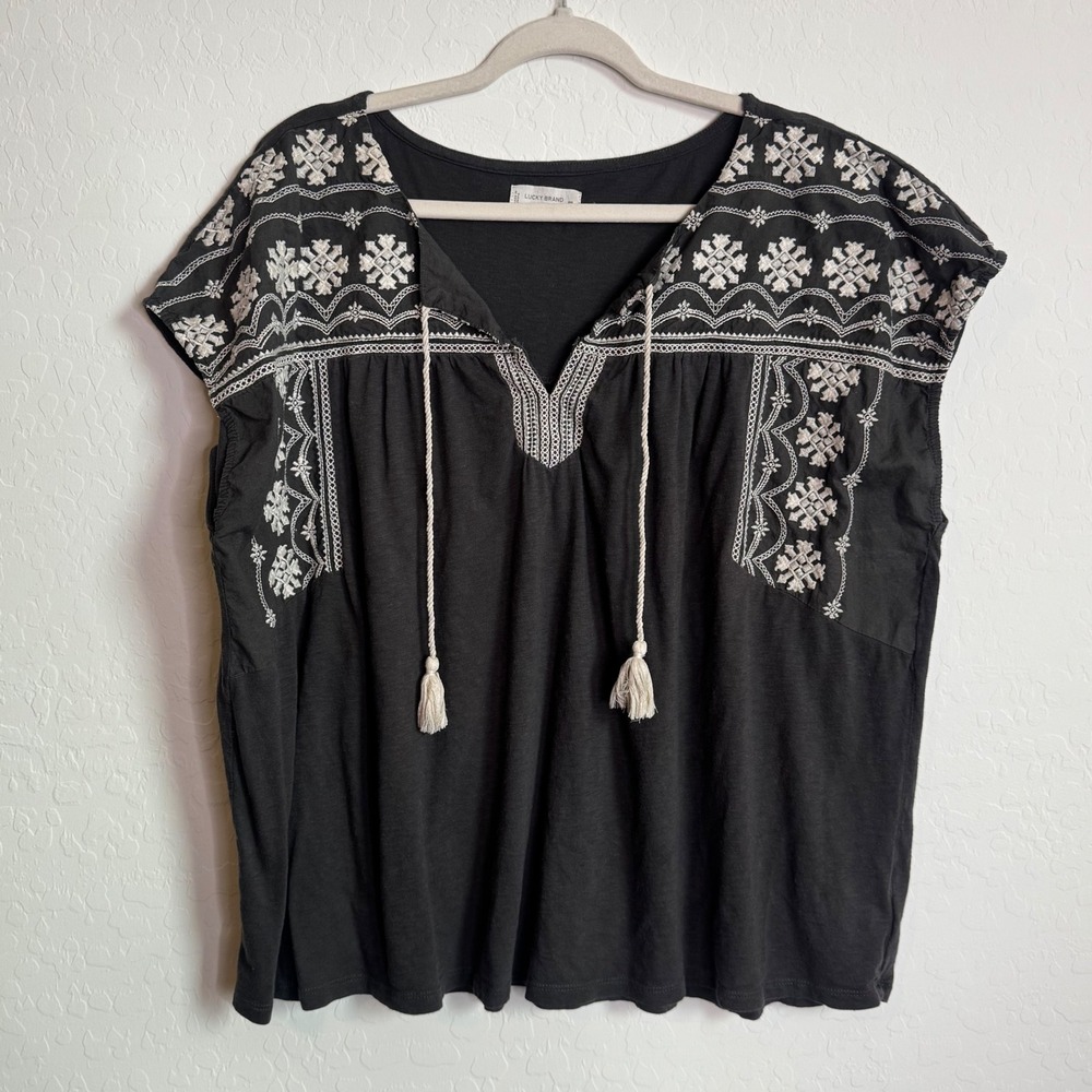 Lucky Brand XXL Black Embroidered Boho Peasant Top Tassel Cap Sleeve Blouse